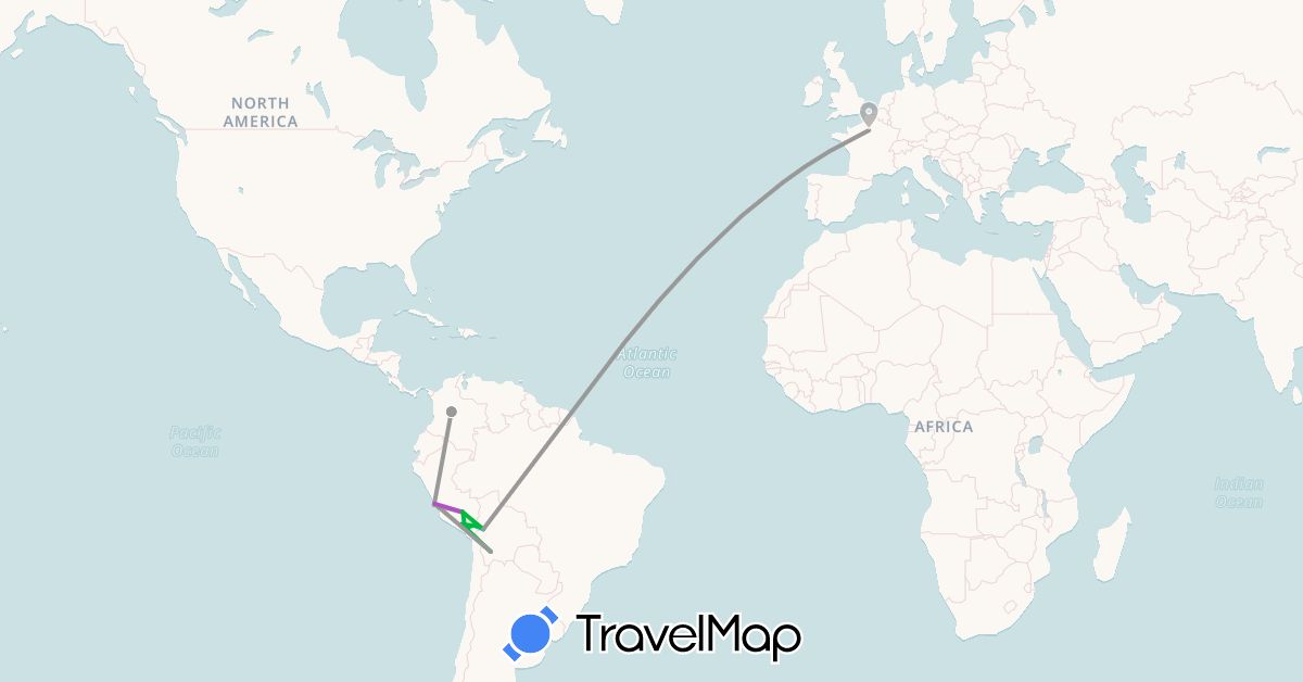 TravelMap itinerary: bus, plane, train, hiking, boat in Colombia, France, Peru (Europe, South America)